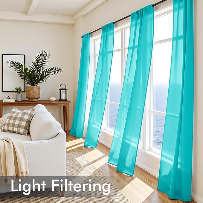 MIULEE Turquoise Sheer Curtains 96 Inches Long, 4 Panels Set, Light Filtering Rod Pocket Voile Drapes for Living Room and Bedroom, Airy Soft Fabric Window Treatments, 42 x 96 Inches