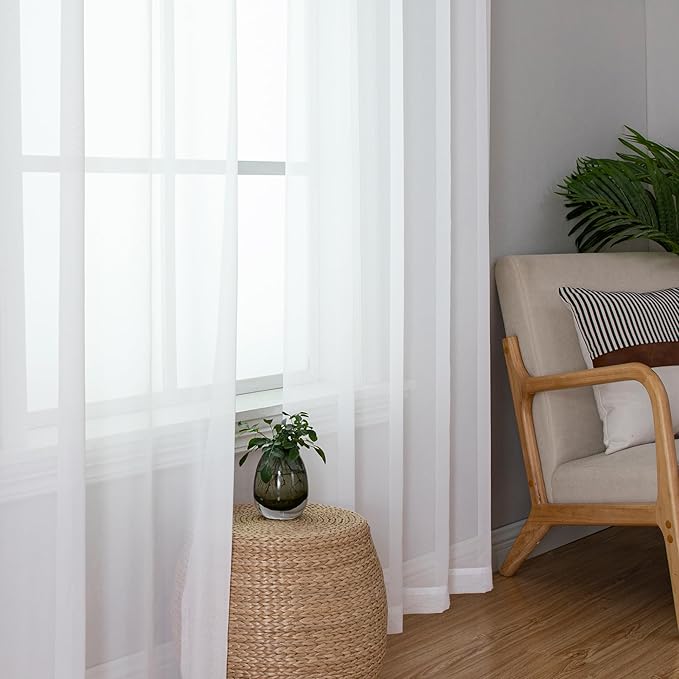 Simplebrand White Sheer Curtains 90 Inches Long, Light Filtering Rod Pocket Solid Color Window Sheer Curtain Panels, Elegant Curtains & Drapes for Living Room, Bedroom 2 Panels (White, 42" W x 90" L)