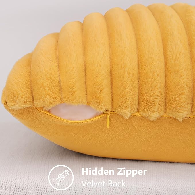 decorUhome Summer Cozy Faux Fur Throw Pillow Covers 22x22 Set of 2 Decorative Plush Striped Modern Farmhouse Boho Couch Euro Sham Pillow Cases with Velvet Back for Sofa Bed Living Room, Mustard Yellow
