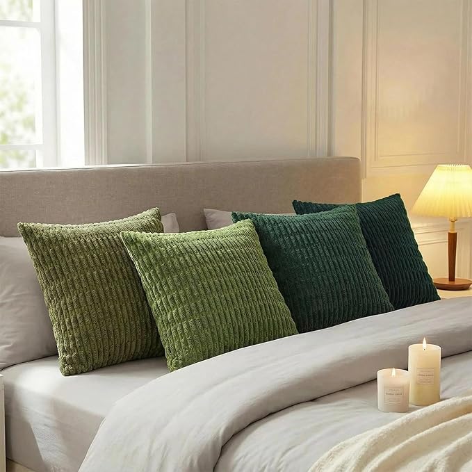 Fancy Homi Set of 4 Green Boho Spring Decorative Throw Pillow Covers 24x24 Inch for Couch Bed Sofa, Aesthetic Modern Bohemian Room Decor, Soft Fuzzy Fluffy Cozy Corduroy Cushion Case 60x60cm