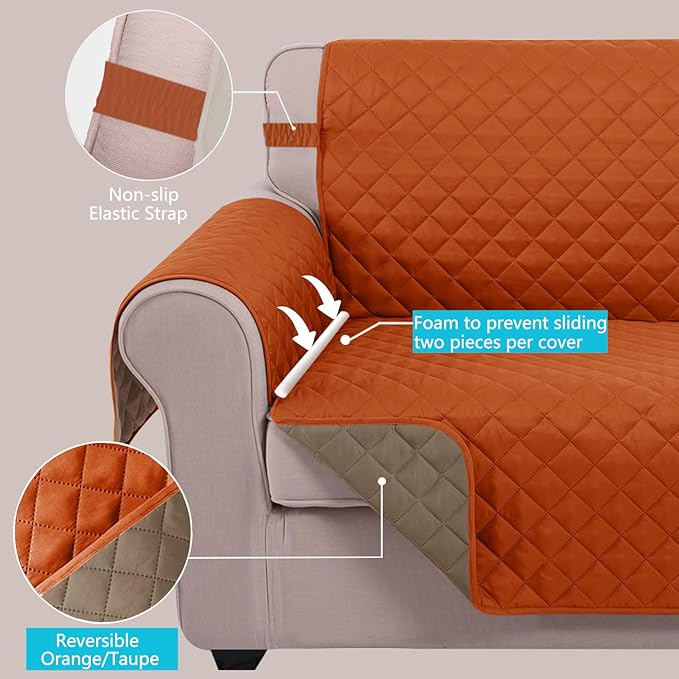 U-NICE HOME Recliner Chair Covers Reversible Quilted Water Repellent Pet Protectors with Elastic Straps (23''Recliner Small, Orange/Taupe)