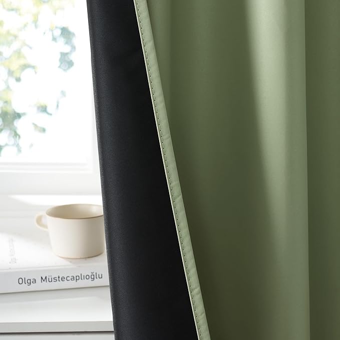 RYB HOME 100% Blackout Short Curtains for Small Window, Thermal Insulated Total Room Darkening Noise Reducing Curtains for Kitchen Bathroom Basement, 34 inches Wide by 48 inches Long, Sage Green