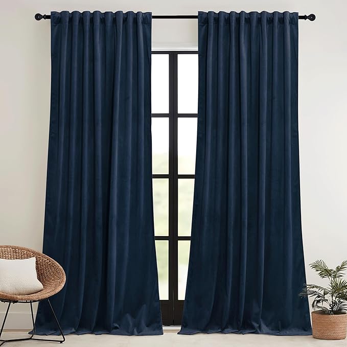 RYB HOME Navy Blue Velvet Curtains 102 inches with Hook Belt, Soft Fabric Room Darkening Thermal Insulated Luxurious Home Decor Curtains for Living Room Bedroom, W 52" x L 102", 2 Panels Set