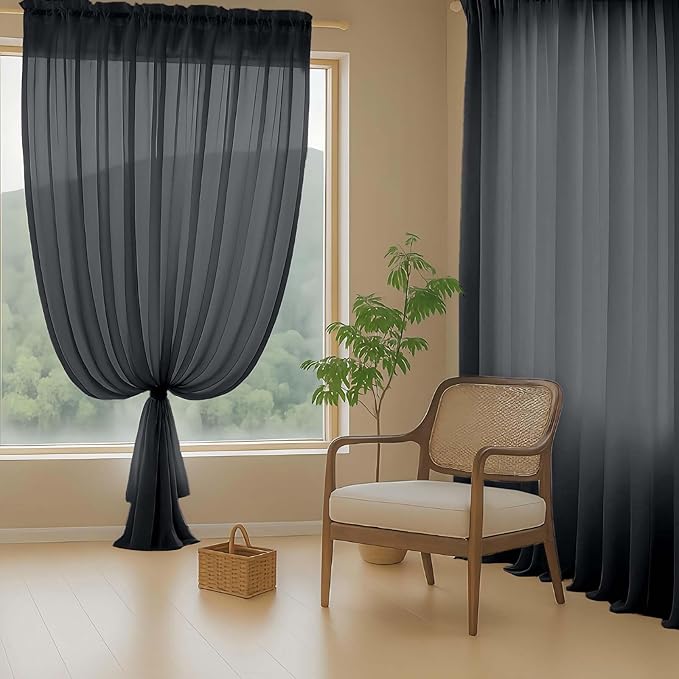 Black Sheer Curtains 90 Inches Long 2 Panels, Light Filtering Solid Sheer Curtains for Bedroom Living Room, Lightweight Soft Airy Window Voile Sheer Drapes, Dual Rod Pocket, 2x42Wx90L Inches