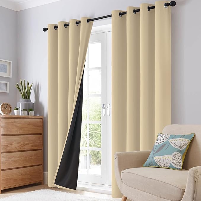 SimpleHome 100% Blackout Curtains for Bedroom,Thermal Insulated Grommet Window Drapes Room Darkening Beige Curtains for Living Room with Black Back,52 x 63 Inch,2 Panels