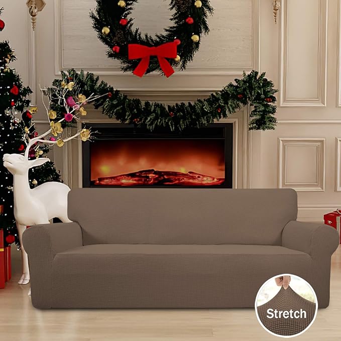 Easy-Going Stretch Sofa Slipcover 1-Piece Sofa Cover Furniture Protector Couch Soft with Elastic Bottom for Kids, Polyester Spandex Jacquard Fabric Small Checks (Sofa, Brown)