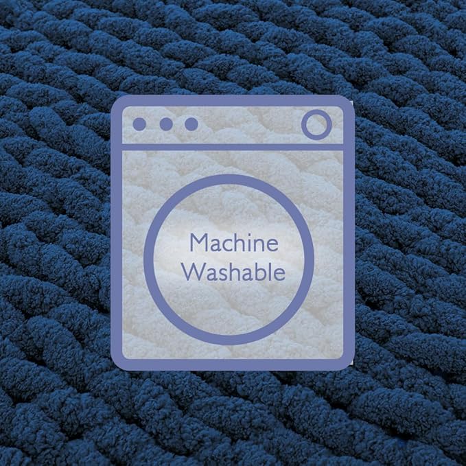 Bigacogo Chunky Knit Throw Blanket for Couch, 40x40 inches, 100% Hand Knitted with Thick Jumbo Chenille Yarn, Cozy Soft Large Rope Knot Cable Crochet Blankets for Sofa Bed Living Room, Navy Blue