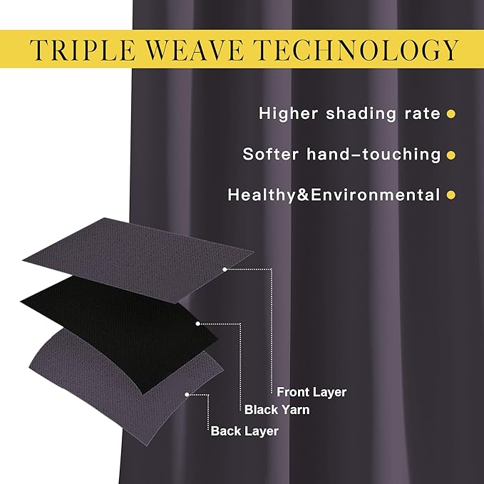 NICETOWN Bedroom Blackout Curtains 95 inch Length - Triple Weave Energy Saving Thermal Insulated Solid Grommet Blackout Draperies for Patio/Hall (1 Pair, 80 inches Wide, Greyish Purple)