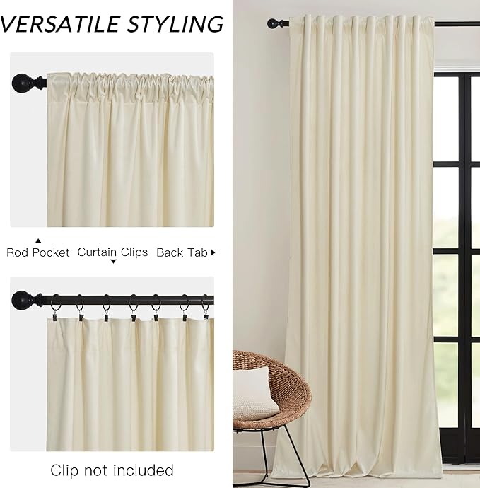 RYB HOME Beige Velvet Curtains 84 inches - Rod Pocket & Back Tab Boho Window Panels Privacy Theraml Insulted Drapes for Bedroom Bathroom, W52 x L84, 1 Pair
