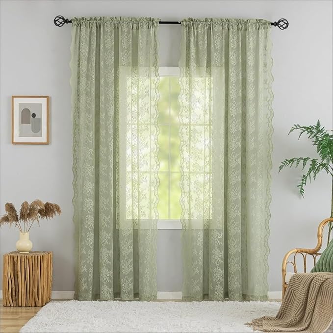 YJ YANJUN Vintage Lace Curtains -Cottage Flower Sage Green 132 inch Curtains for Living Room Bedroom, Extra Long Light Filtering Boho Drapes for Villa Patio Sliding Door 11 FT W52 x L132 2 Panels
