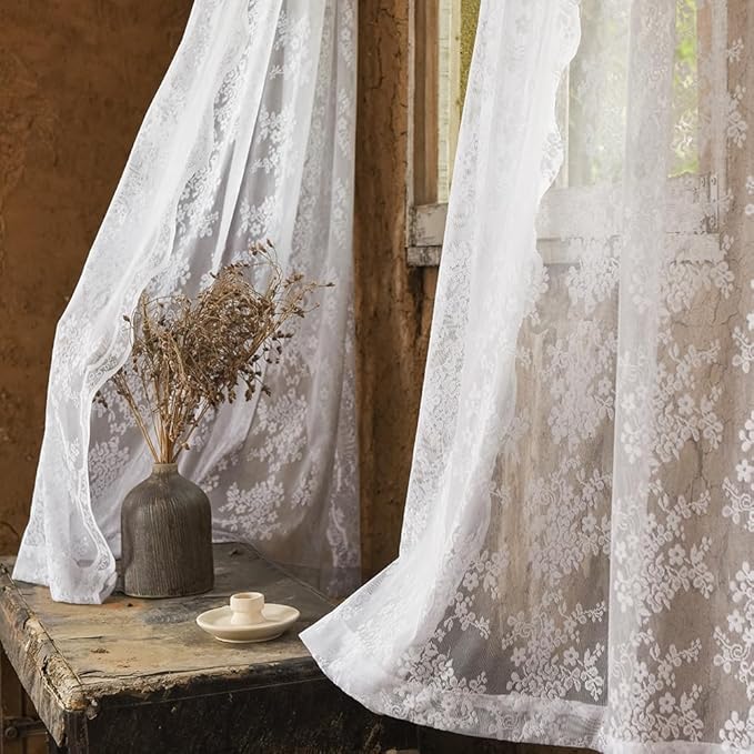 YJ YANJUN Vintage Lace Curtains 54 Inches Length- Victorian Floral Pattern White Sheer Curtain Panels for Living Room Bedroom Bathroom Light Filtering, Country Cottage Core Drapes 2 Panels 52W x 54L