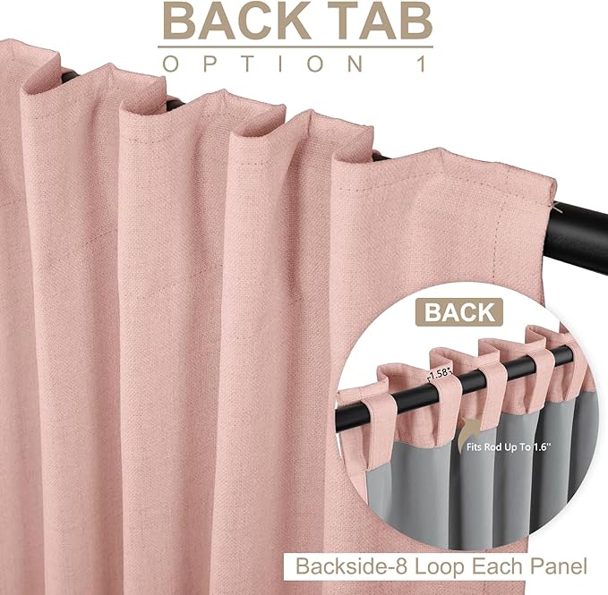 100% Blackout Shield Linen Blackout Curtains for Bedroom 96 Inches Long, Back Tab/Rod Pocket Living Room Drapes, Thermal Insulated Blackout Curtains 1 Panel Set, 100" W x 96" L, Blush Pink