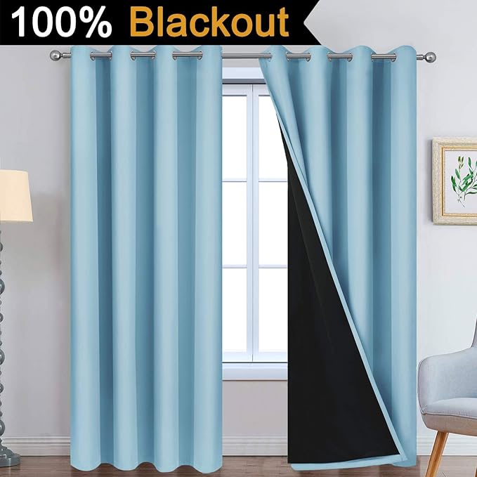Yakamok 100% Blackout Curtains Energy Saving Thermal Insulated 2 Thick Layers Completely Blackout Drapes with Black Liner for Bedroom (52Wx96L,Sky Blue, Set of 2)