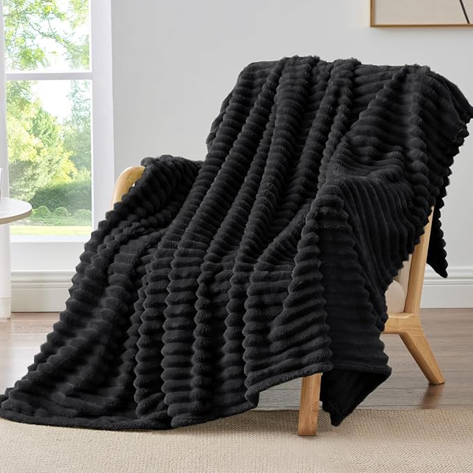 BEDELITE Twin Blanket for Couch & Bed, 300GSM Soft & Warm Fleece Blanket, Decorative and Giftable Striped Black Blankets for Women, Men, 60"x80"