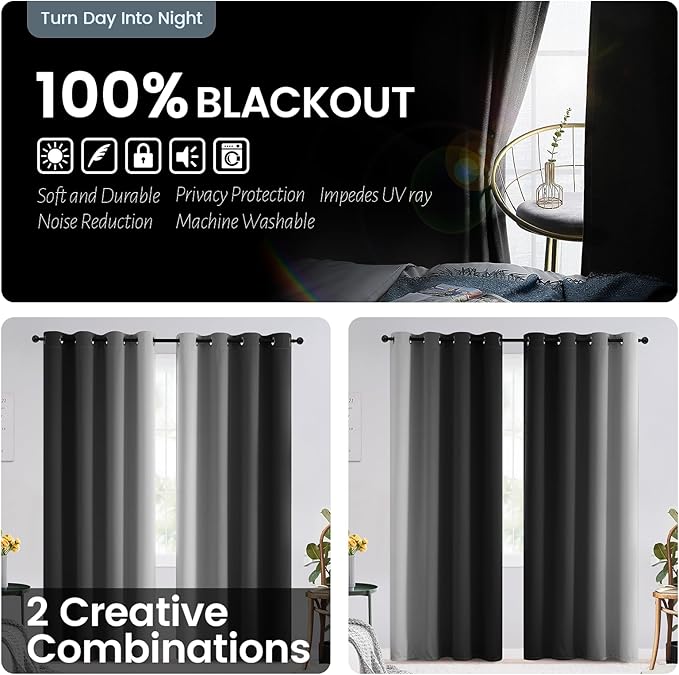 SimpleHome Ombre 100% Blackout Curtains for Bedroom 63 Inches Long, Black with White Liner Room Darkening Thermal Insulated Grommet Curtain/Drapes for Living Room,2 Panels Set