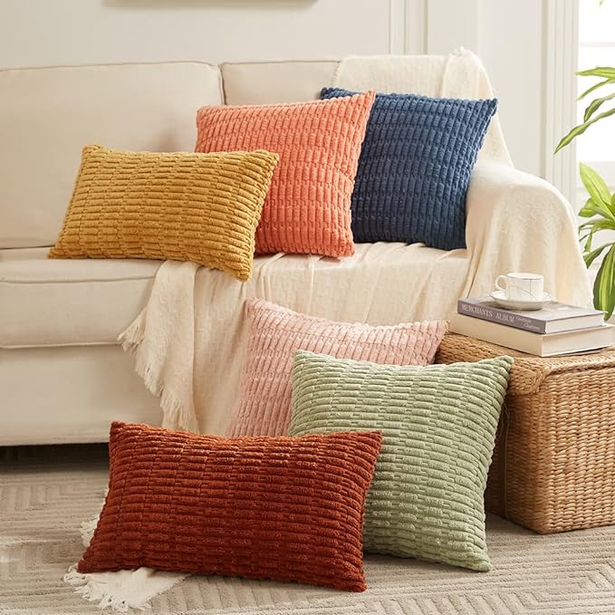 Fancy Homi 4 Packs Boho Coral Decorative Throw Pillow Covers 14x14 Inch for Living Room Couch Bed Sofa, Rustic Modern Farmhouse Home Decor, Soft Plush Corduroy Peach Cute Square Cushion Case 35x35 cm