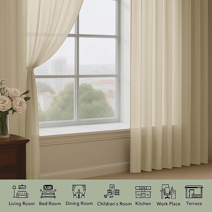 OWENIE Extra Long Taupe Sheer Curtains 96 Inches Long 2 Panels Set, Soft Lightweight Airy Voile Sheer Curtain for Bedroom Living Room, Rod Pocket Solid Color Farmhouse Curtains, 59" Wx96 L Inch