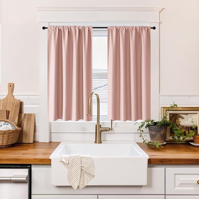 RYB HOME 100% Blackout Short Curtains for Small Window, Thermal Insulated Total Room Darkening Noise Reducing Curtains for Kitchen Bathroom Basement, 42 inches Wide by 45 inches Long, Peach Pink