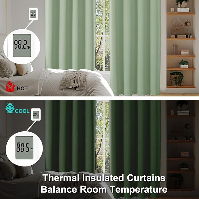 Simplebrand Ava Light Green Short Blackout Curtains for Bedroom 45 Inches Long 2 Panels Set, Solid Thermal Insulated, Energy Saving Window Treatment Curtains Blackout Drapes, W40 x L45 Inch