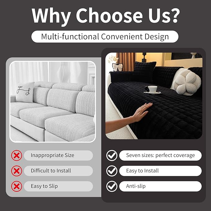 Velvet Couch Cover, Plush Sectional Sofa Cover Washable, Anti Slip Sofa Slipcover for Armrest & Backrest, Furniture Protector Covers for Pets & Kids(1PC, Black, 35.4"×35.4", Single Seater)