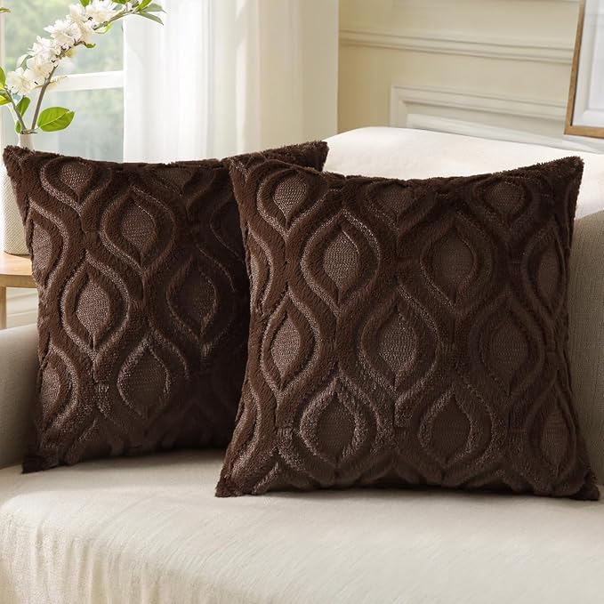 decorUhome Throw Pillow Covers 26x26 Inch Set of 2, Soft Plush Faux Wool Dark Brown Solid Couch Pillow Covers, Accent Euro Sham Farmhouse Neutral Square Pillow Cases for Sofa Bed Living Room