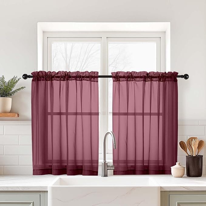 Burgundy Sheer Curtains Tier 30 Inches Length 2 Panels Set, Light Filtering Lightweight Soft Window Treatments Drapes, Cute Elegant Cafe Curtains for Nursery, Dual Rod Pocket, 2x42Wx30L Inches
