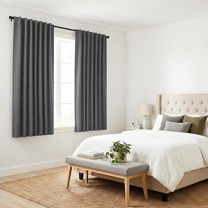 PONY DANCE Short Gray Blackout Drapes - Small Window Curtain Thermal Insulated Light Blocking Drapes Back Tab/Rod Pocket Short Curtain Panels for Bedroom & Kitchen, 42 W x 30 L, Grey, 1 Pair