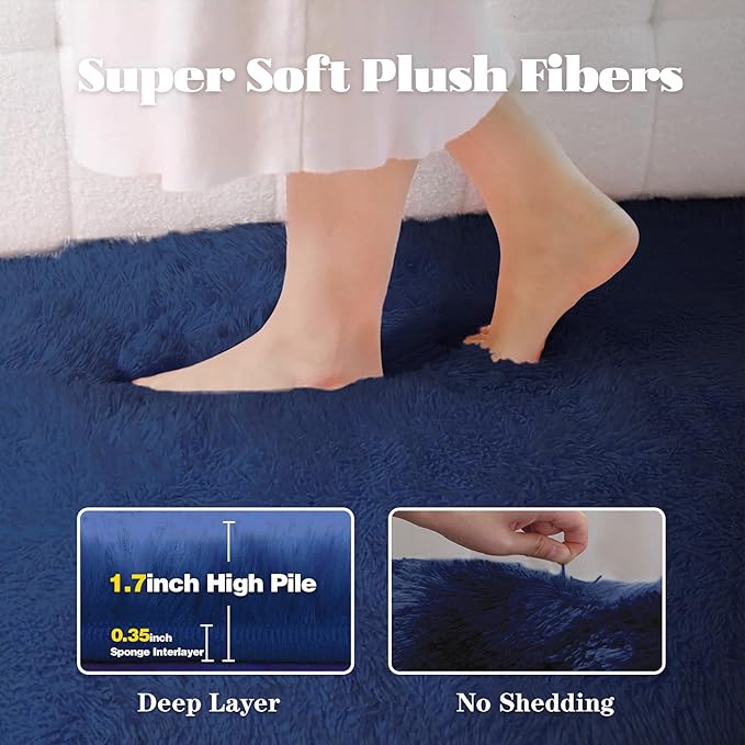 8x10 Area Rugs for Living Room: Fluffy Shag Soft Washable Rug Large Fuzzy Plush Indoor Carpet for Bedroom Nursery Playroom Kids Girls Boys Room (Navy Blue, 8'x10')