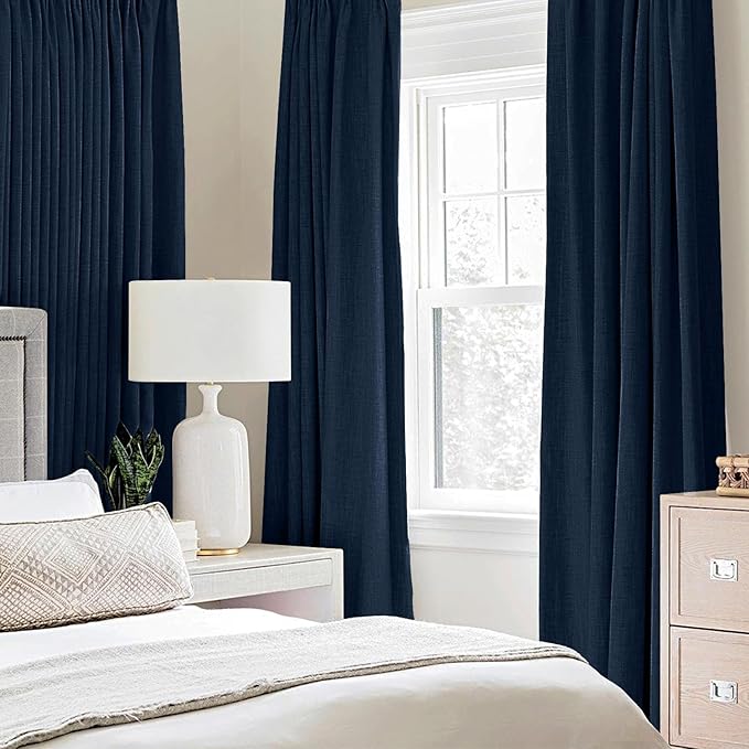 MIULEE Linen Textured Curtains for Bedroom Solid 100% Blackout Thermal Insulated Midnight Blue Grommet Room Darkening Curtains & Drapes Luxury Decor for Living Room Nursery 52 x 54 Inch (2 Panels)
