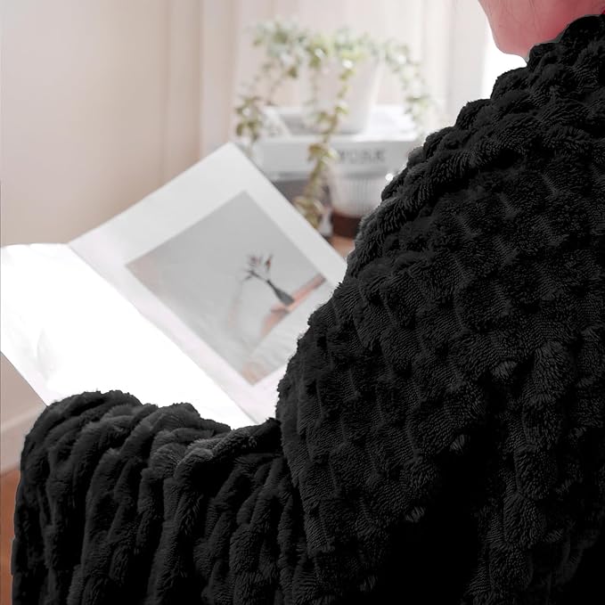 Puncuntex Black Throw Blanket 108"×90" inches Fuzzy 3D Jacquard Decorative Flannel Fleece Super Soft Plush Cozy Blanket for Couch Sofa Chair Lightweight