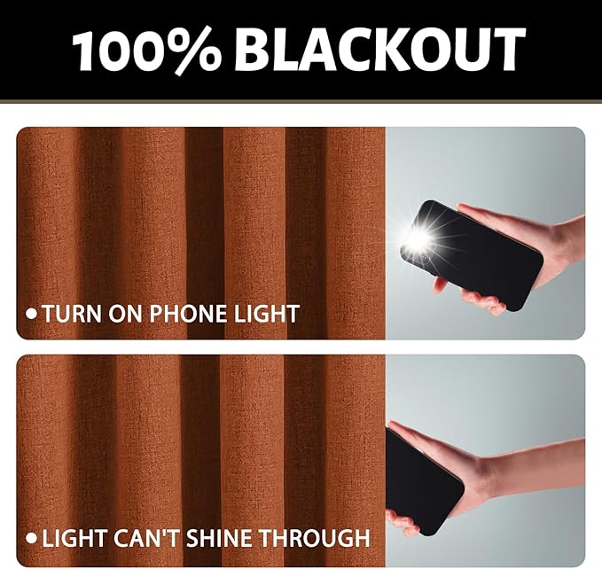 Yakamok Burnt Orange Linen Curtains 100% Blackout 96 Inches Long,Room Darkening Textured Curtains for Living Room Thermal Grommet Bedroom Curtains 2 Panels with White Liner