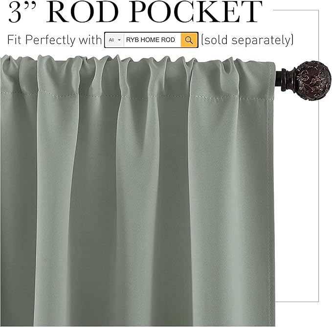 RYB HOME Blackout Curtains for Bedroom 84 inches Long 2 Panels Set, Privacy Thermal Insultaed Sunlignt Heat Blocking Drapes for Nursery Rental Room, Width 42 by Length 84, Greyish Green