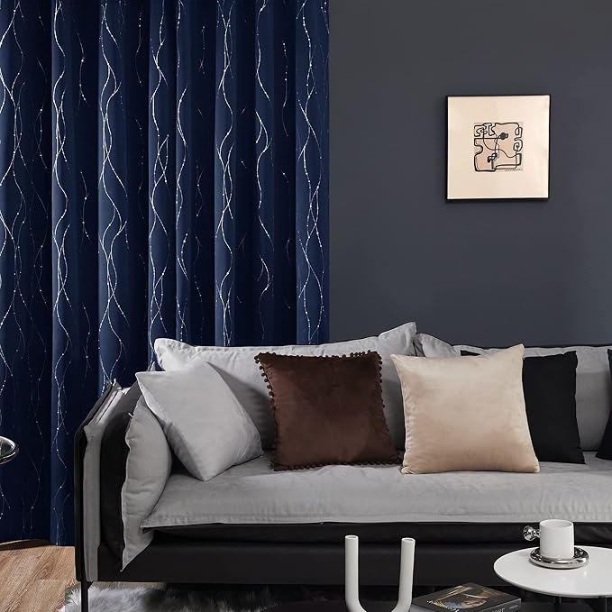 Deconovo Short Kitchen Curtains, Navy Blue Blakcout Curtain 38 x 36 Inch, Thermal Insulated Soundproof Drapes with Silver Wave Dots Prit, Grommet Top, Machine Washable for Nursery Bedroom Living Room