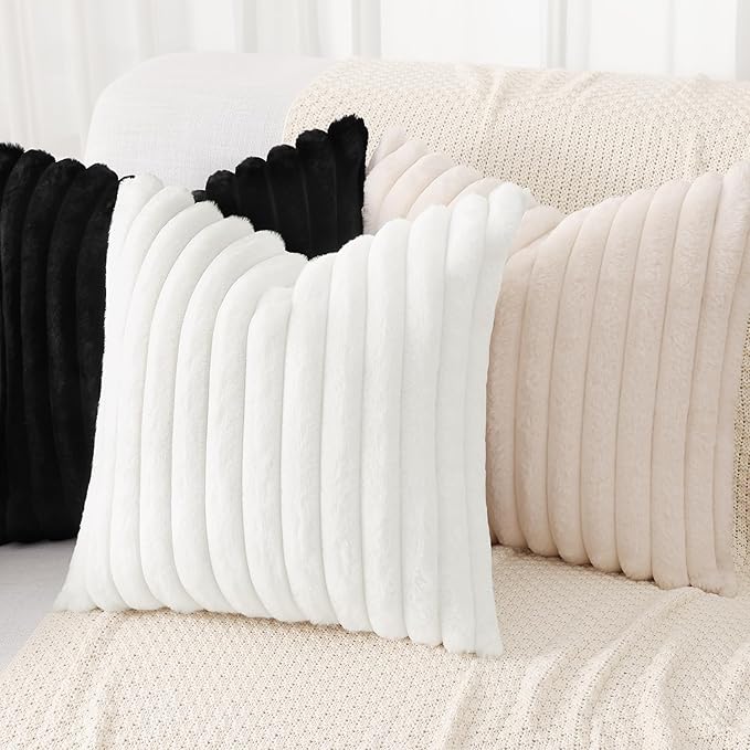 decorUhome Summer Cozy Faux Fur Throw Pillow Covers 24x24 Set of 2 Decorative Soft Plush Striped Modern Farmhouse Boho Couch Euro Sham Pillow Cases with Velvet Back for Sofa Bed Living Room, White