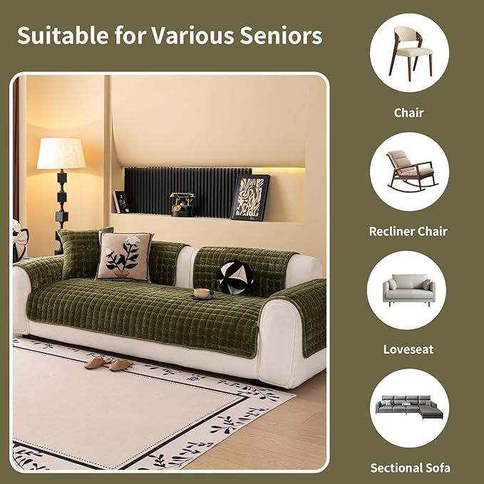 Velvet Couch Cover, Washable Sectional Sofa Cover, Anti Slip Sofa Slipcover for 3 Cushion Couch Sofa L Shaped Armrest Backrest, Furniture Protector Covers for Pets Kids(1PC,Green,36"×63")