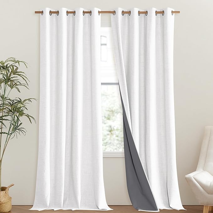 NICETOWN 100% Absolutely Blackout Linen Curtains with Thermal Insulated Liner, Greyish White, 52" Wide, 120" Length Energy Saving Curtains for Living Room 2 Panels Set, Vertical Blinds