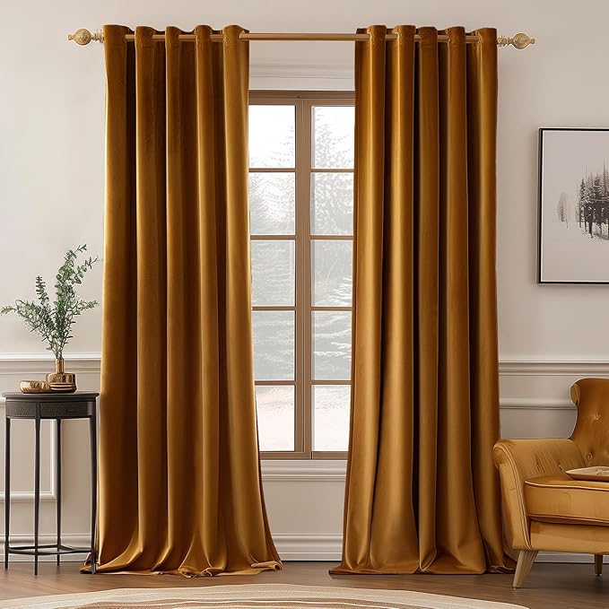 MIULEE Velvet Curtains Golden Brown Elegant Grommet Thermal Insulated Soundproof Room Darkening Curtain/Drapes for Classical Living Room Bedroom Decor 66 x 96 Inch Set of 2