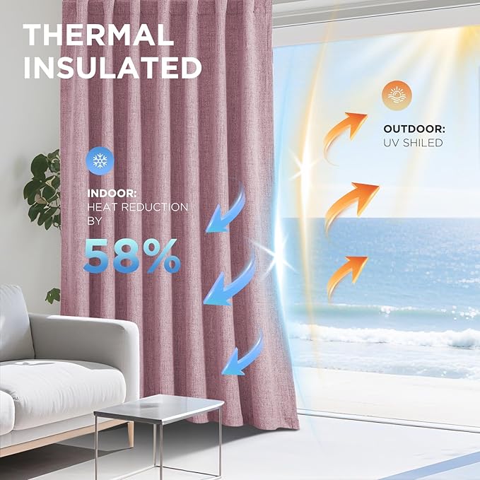 Joydeco Blackout Curtains for Bedroom - 100% Light Blocking 2 Panels Set Pink Drapes 37" W x 108" L, Thermal Insulated Room Darkening Curtains, Linen Textured for Living Room, Rod Pocket & Back Tabs