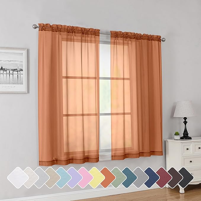 Simplebrand Orange Short Sheer Curtains 45 Inch Length for Small Windows, Rod Pocket 2 Panels Set Solid Voile Drapes Window Sheer Curtains for Bedroom Bathroom Kids Room Kitchen, 42x45 Inch, 2pcs