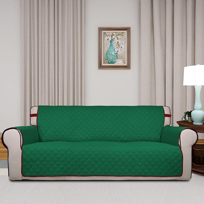 PureFit Reversible Quilted Sofa Cover, Water Resistant Slipcover Furniture Protector, Washable Couch Cover with Non Slip and Elastic Straps for Kids, Pets (Oversized Sofa, Green/Red)