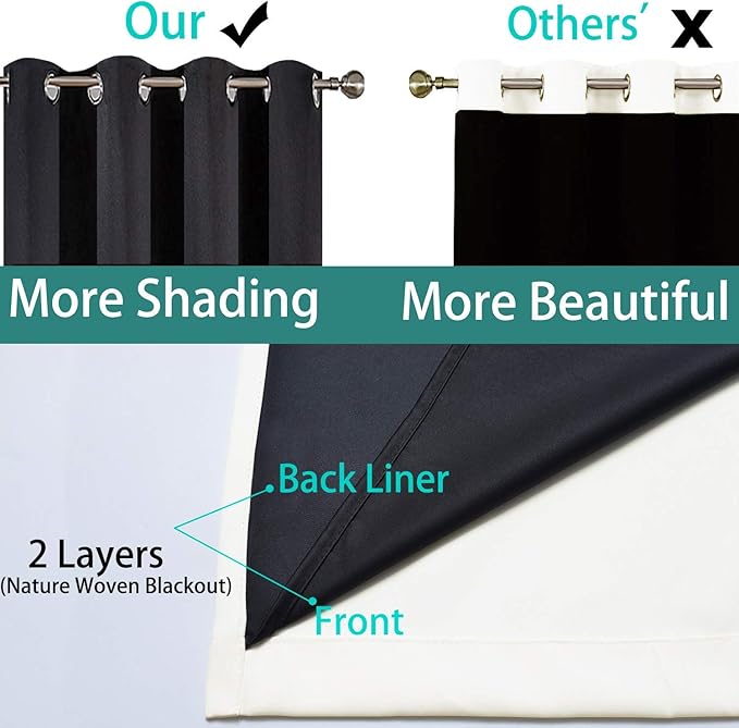 Yakamok 100% Blackout Curtains with Black Liners, Thermal Insulated, Noise Reduction, Soundproof, 2 Panels, 52"W x 63"L, Beige