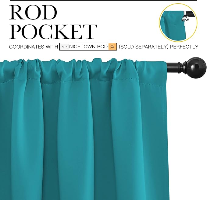 NICETOWN Peacock Blue Blackout Curtains Panels for Window, Thermal Insulated Rod Pocket Blackout Drapes/Draperies for Living Room (2 Panels, W42 x L36 inches)