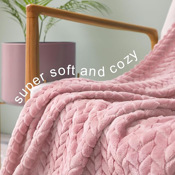 Exclusivo Mezcla Fleece Twin Size Blanket for Bed, 60x80 Inches Soft Cozy Jacquard Flannel Blankets, Lightweight Fuzzy Plush Warm for Women, Pink