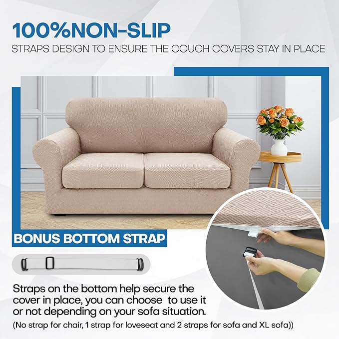 XINEAGE 2026 New 3 Pieces Couch Covers for 2 Extra Large Cushion Sofa Super Stretch Sofa Cover for 2 Large Seat Cushion Universal Loveseat Slip Cover for Living Room (Khaki), 71"-91"(2 Cushions)