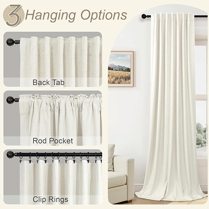 Total Blackout Linen Curtains 80 Inches Long for Bedroom Thick Thermal Rustic Country Lightweight Black Out Curtain for Living Room Window Drape Ivory Cream Colored Back Tab 2 Panels Wide 60x80 Length