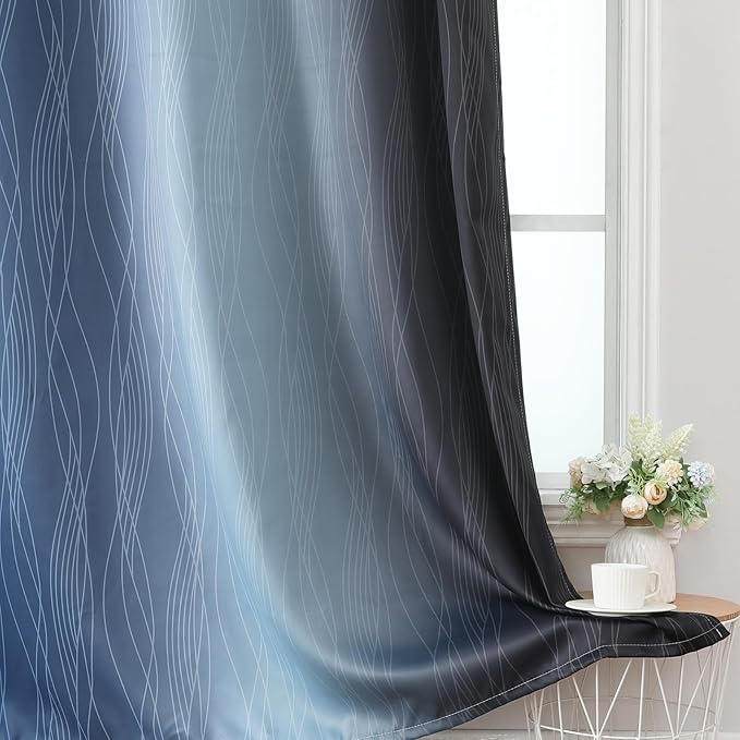 Estelar Textiler Navy Blue and Black Ombre Blackout Curtains 84 Inch Length 2 Panels Set, Full Room Darkening Grommet Curtains for Bedroom, Thermal Insulated Light Blocking Gradient Drapes, 42Wx84L