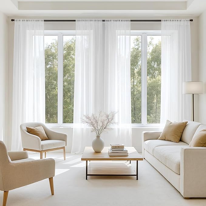 MIULEE White Sheer Curtains 96 Inches Long, 4 Panels Set, Light Filtering Rod Pocket Voile Drapes for Living Room and Bedroom, Airy Soft Fabric Window Treatments, 42 x 96 Inches