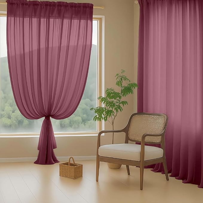 Burgundy Sheer Curtains 90 Inches Long 2 Panels, Light Filtering Solid Sheer Curtains for Bedroom Living Room Christmas Party, Lightweight Voile Sheer Drapes, Dual Rod Pocket, 2x42Wx90L Inches