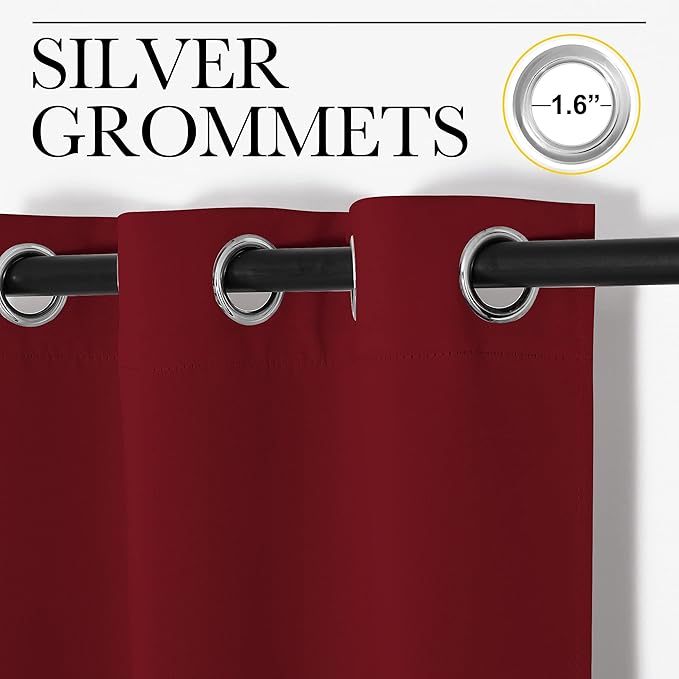NICETOWN Christmas Burgundy Bedroom Curtains Blackout Draperies, Christmas Decorations Thermal Insulated Solid Grommet Top Blackout Drapes for Cafe (One Pair, 34 x 84-inch)