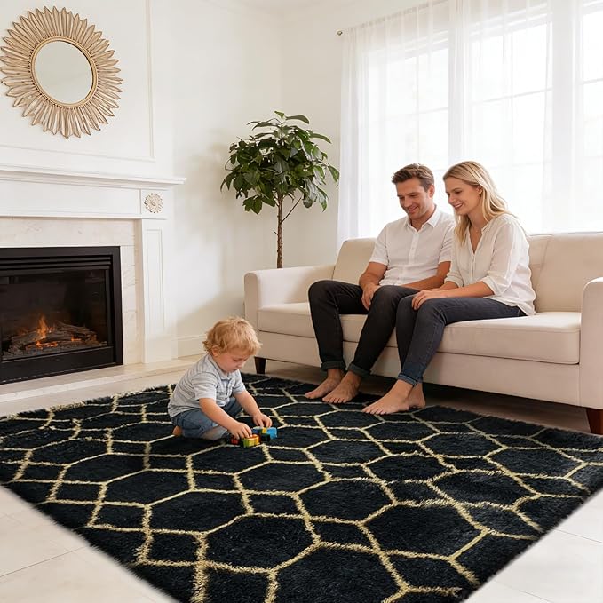 6x9 Fluffy Area Rugs for Living Room,Shag Area Rug for Bedroom,Geometric Soft Fuzzy Rug Non-Shedding Indoor Plush Carpet for Kids Bedroom Nursery Home Decor,Black and Gold